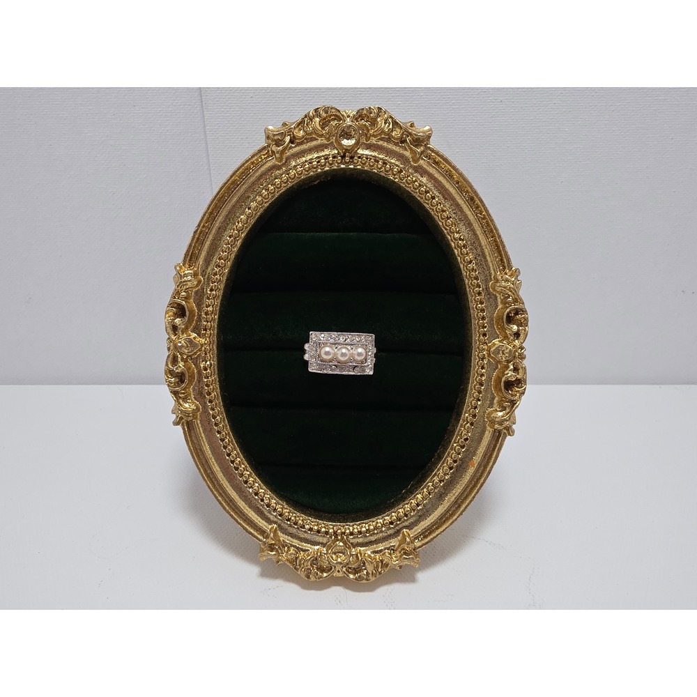 Vintage Silver Tone Faux Pearl Rhinestone Adjustable Cocktail Ring Size 7.5